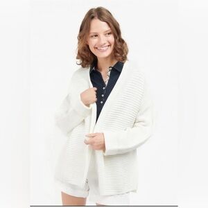 Barbour Stitch Guernsey Cardigan White 100% Cotton Knit Open Front Sweater Sz S